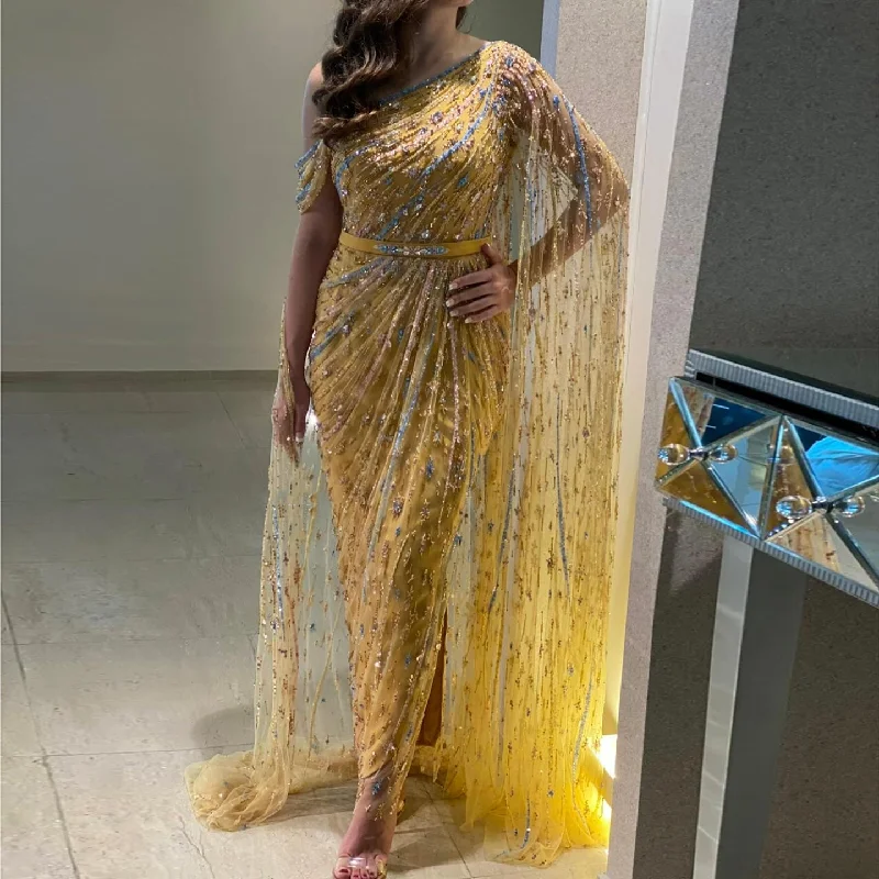 Colorful Beaded One Shoulder Yellow Evening Dress with Cape SS423 Corset unclassified dresses