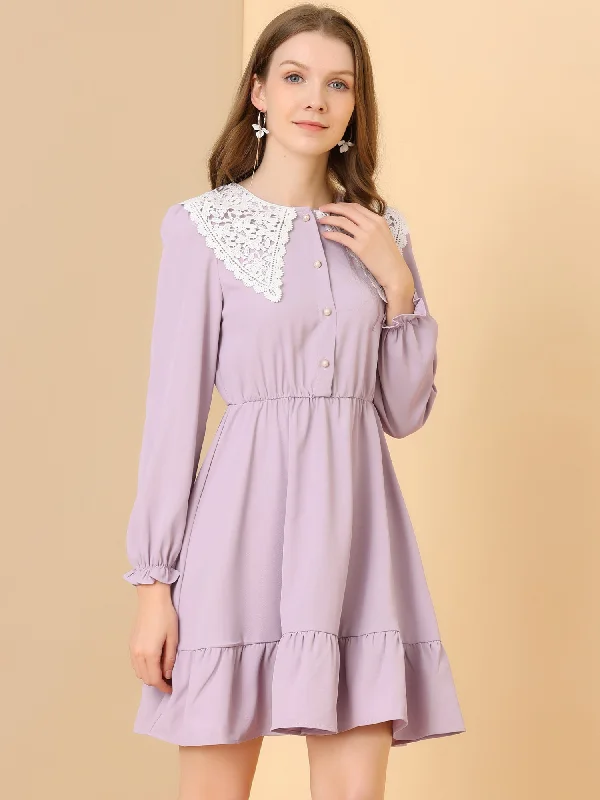 Vintage Ruffle Hem A-Line Crochet Peter Pan Collar Dress Satin unclassified dresses