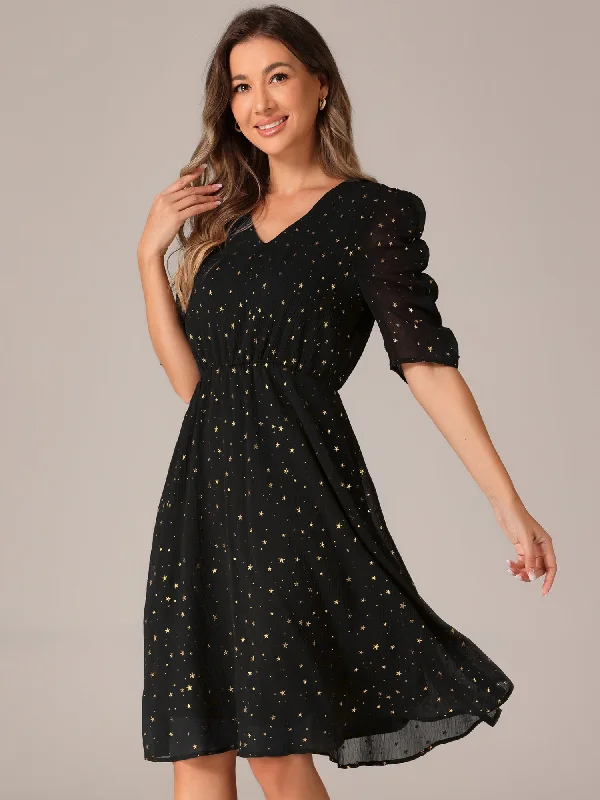 Metallic Stars Ruched Sleeve V Neck A-line Chiffon Dress Sleeveless unclassified dresses