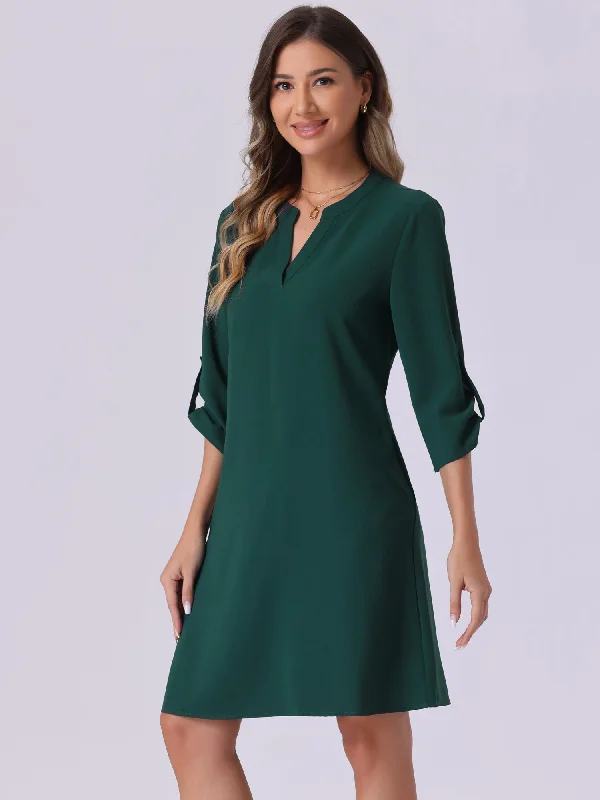 V Neck Roll-Up Sleeve Solid Color Casual Shift Dress High-low unclassified dresses