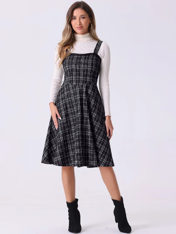 Tweed Plaid Sleeveless Pockets A-Line Pinafore Overall Dress Designer unclassified dresses