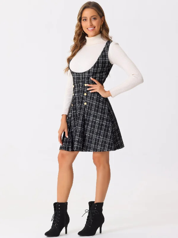 Button Decor U Neck Plaid Tweed Overall Pinafore Dress Elegant unclassified dresses