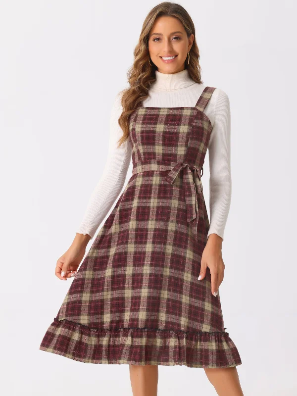 Plaid Ruffled Sleeveless Tie Waist A-Line Pinafore Overall Dress Best-selling unclassified dresses