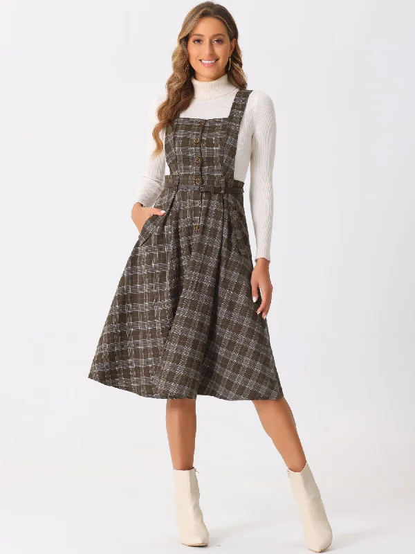 Plaid Overall Vintage Sleeveless Pockets A-Line Pinafore Dress Sequin unclassified dresses