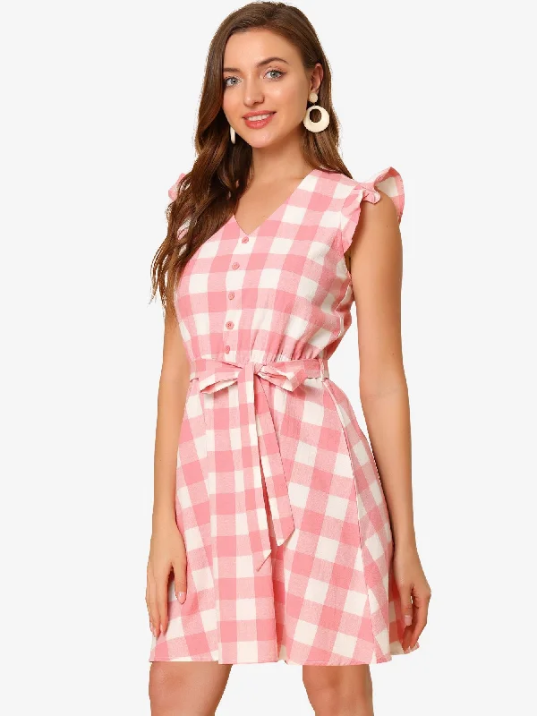 Casual Plaids Ruffled Sleeve A-Line Gingham Check Dress Chic unclassified dresses