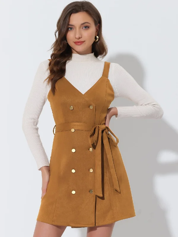 Faux Suede V Neck Button Down Belted Pinafore Overall Dress Long unclassified dresses