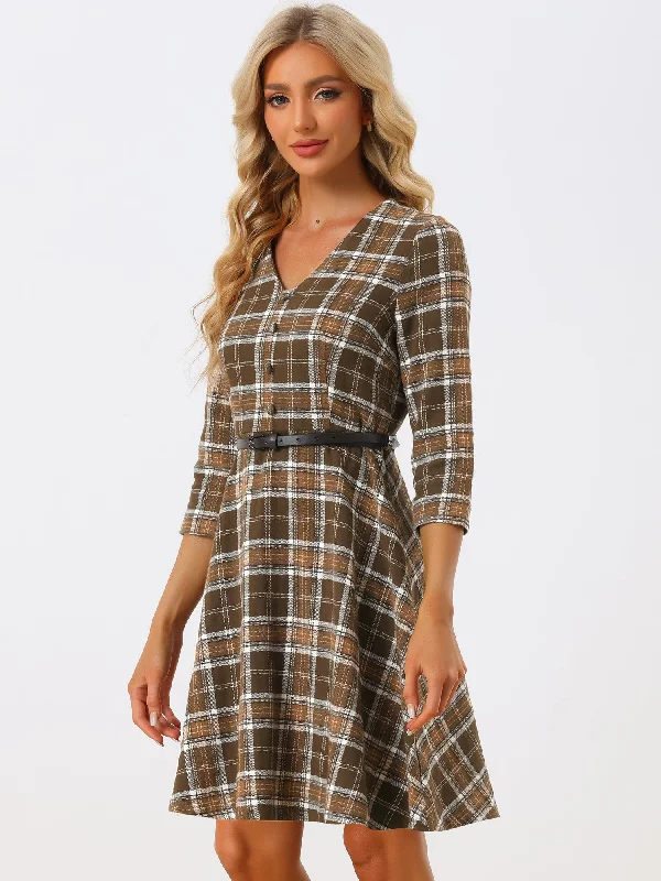 Retro Plaid V Neck 3/4 Sleeve Button Decor Belted A-Line Dress Polka dot unclassified dresses