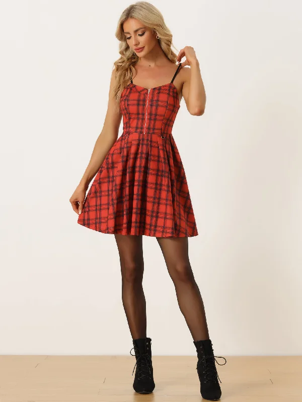 Elegant Plaid Spaghetti Strap Christmas Skater Dress Winter unclassified dresses