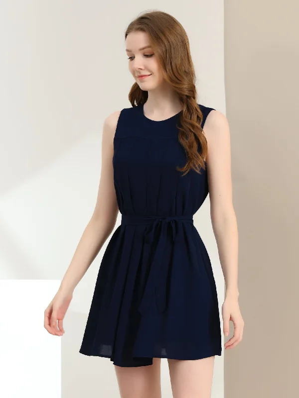 Sleeveless Round Neck Pleated Belted Chiffon Summer Dress Backless unclassified dresses