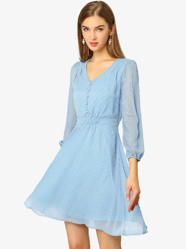 Swiss Dots Elastic Waist 3/4 Sleeve A-line Solid Flowy Chiffon Dress Beaded unclassified dresses