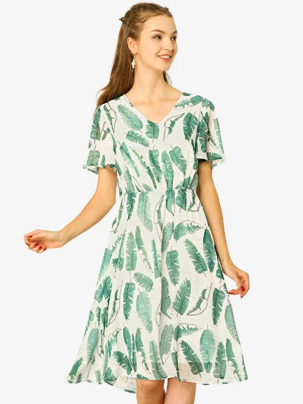 Boho Flowy Hawaiian Tropical Leaves Flutter Sleeve Chiffon Dress Long unclassified dresses