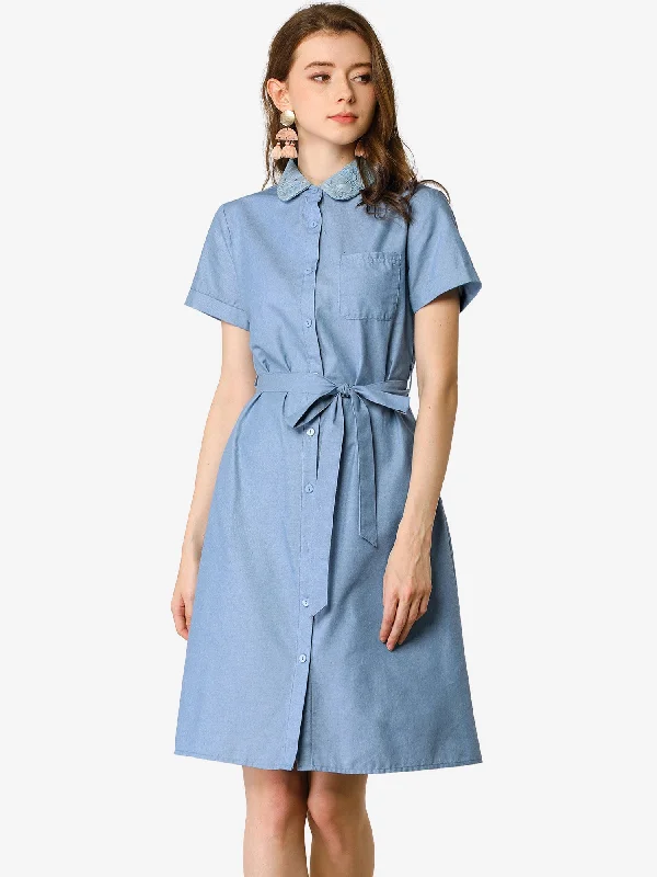 Peter Pan Collar Shift Button-Down Bow Tie Waist Cotton Dress Open-back unclassified dresses