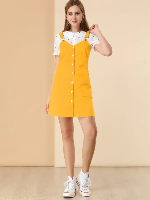 Button Down Adjustable Strap Pockets Cotton Pinafore Overall Dress Club unclassified dresses