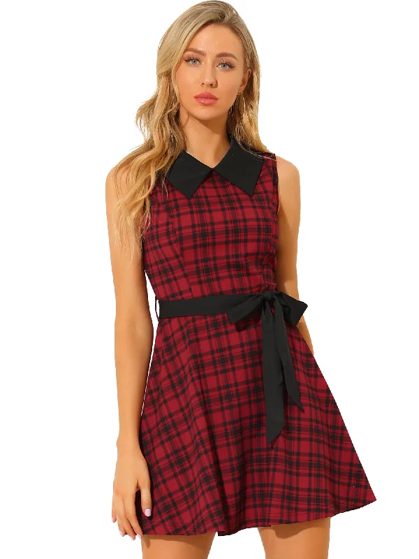 A-line Belted Vintage Sleeveless Plaid Dress Off-shoulder unclassified dresses