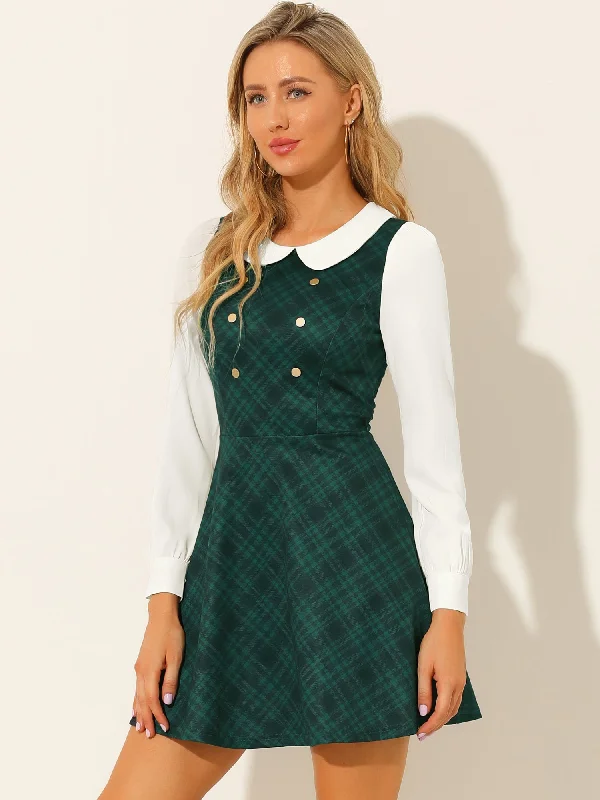 Peter Pan Collar Contrast Color Button Decor Plaid Dress Satin unclassified dresses