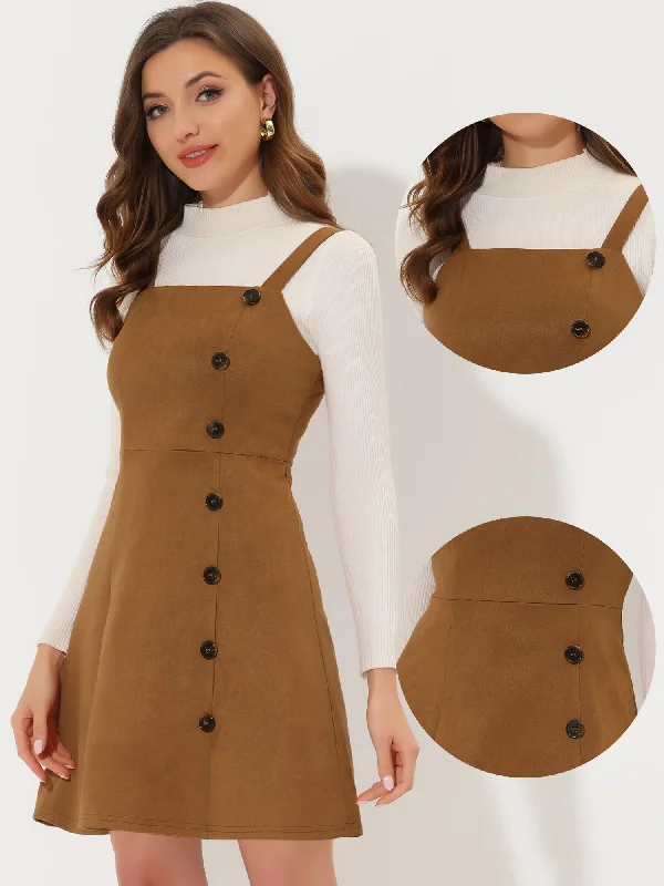 Faux Suede Button Above Knee A-Line Pinafore Overall Dress Monochrome unclassified dresses