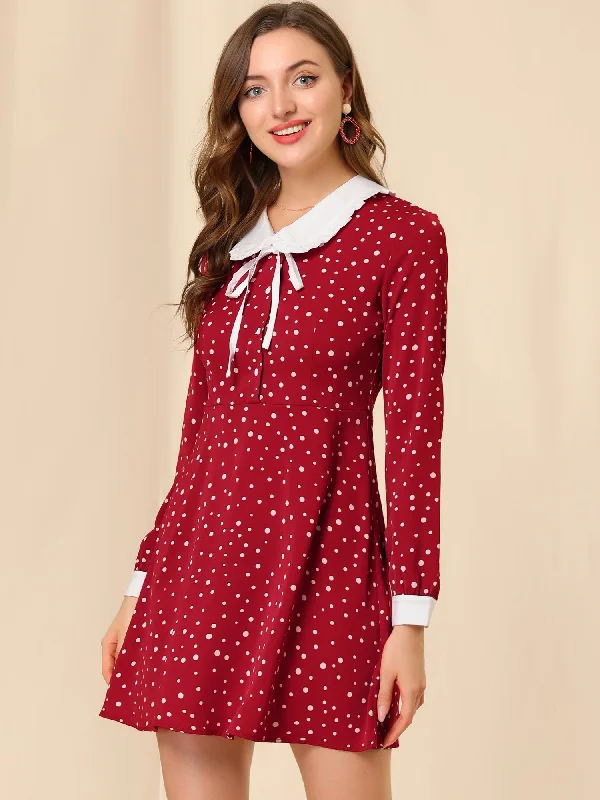 Polka Dots Sweet Tie Neck Contrast Peter Pan Collar Dress Velvet unclassified dresses