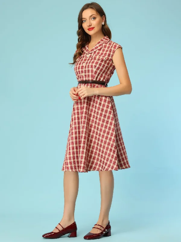 Button Front Retro Cap Sleeve Belted Waist Plaid Dress Bodycon unclassified dresses