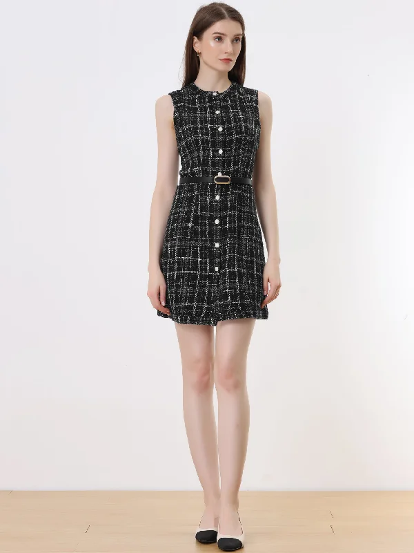 Vintage Pinafore Round Neck Button Down Sleeveless Plaid Tweed Dress Bodycon unclassified dresses