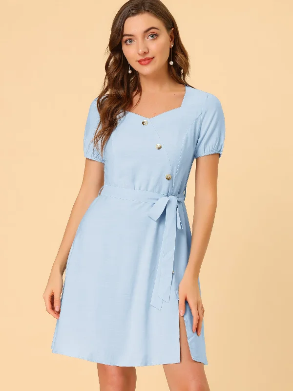 Belted Sweetheart Neck Button Decor Smocked Back Dress Pastel unclassified dresses