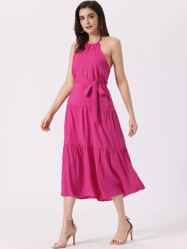 Casual Sleeveless Halter Backless A Line Solid Swing Tiered Dress Sundress Designer unclassified dresses