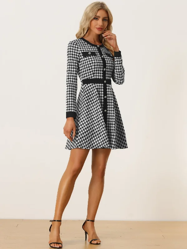 Houndstooth Plaid Contrast Color Crew Neck Button A-Line Dress Wedding guest unclassified dresses