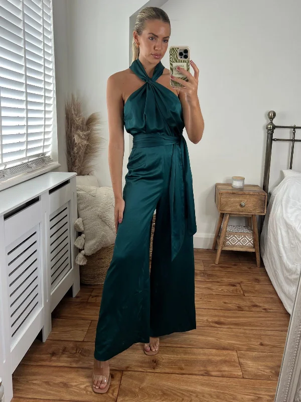 Romy Satin Halter Jumpsuit / Green Flowy unclassified dresses