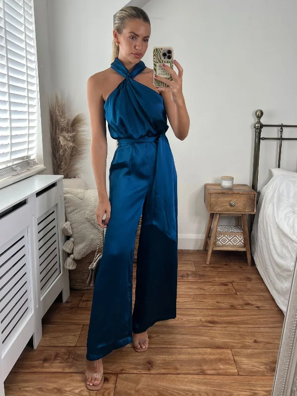 Romy Satin Halter Jumpsuit / Peacock Blue Budget-friendly unclassified dresses