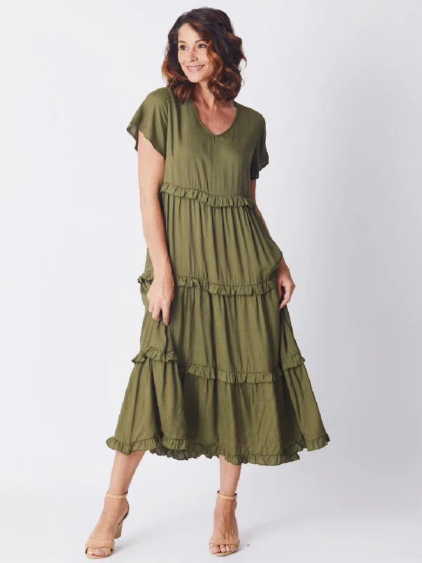 Ruffle Tier Dress - Khaki 26527-S Color block unclassified dresses