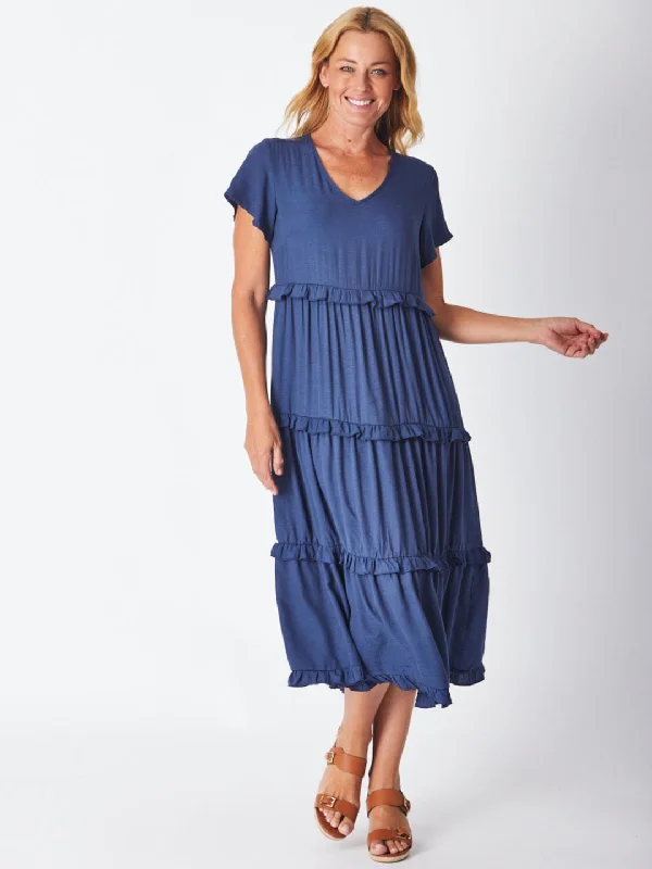 Ruffle Tier Dress - Navy 26527-S Earthy tone unclassified dresses