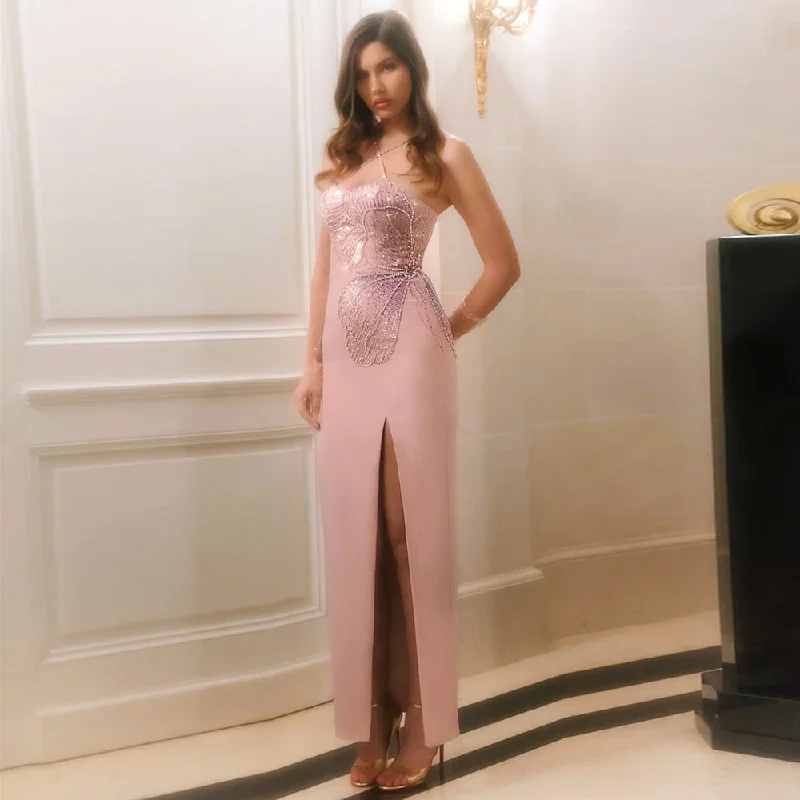 Luxury Pink Butterfly Beaded Evening Dress with Slit SS476 Minimalist unclassified dresses