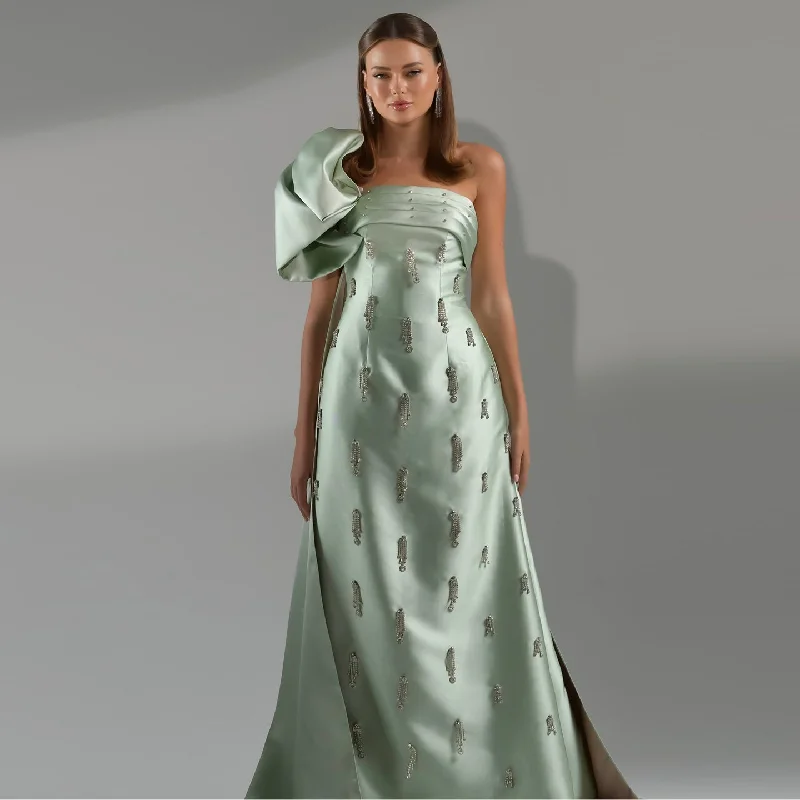 Sage Green One-Shoulder Tassel Evening Dress with Cape SS368 Office unclassified dresses