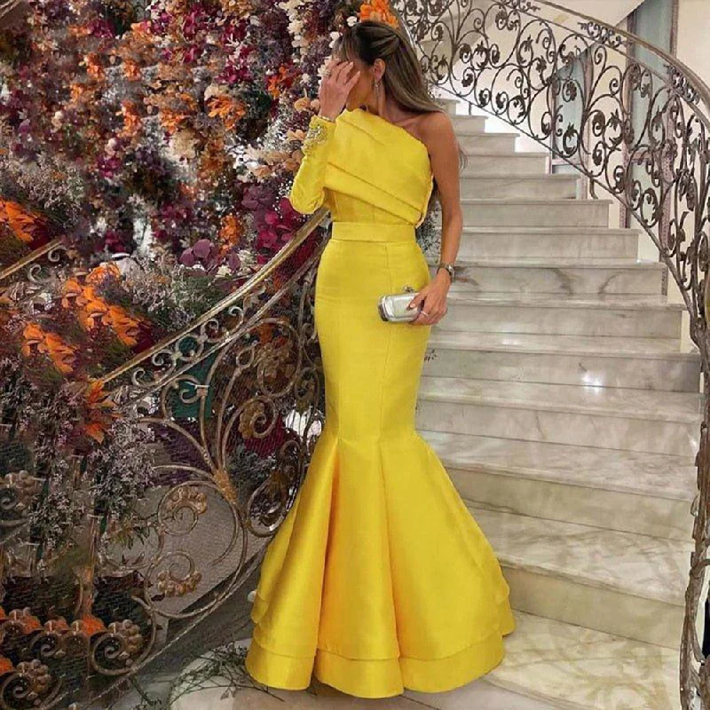 Elegant Yellow One Shoulder Mermaid Evening Dress SF014 Designer unclassified dresses