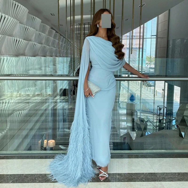 Elegant Light Blue Evening Dresses with Feathers Cape sleeve SS312 Short unclassified dresses