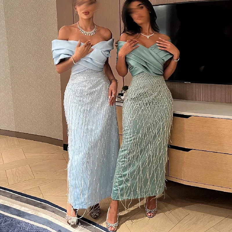 Elegant Off Shoulder Sage Green Tassel Evening Dress SS447 Mesh unclassified dresses