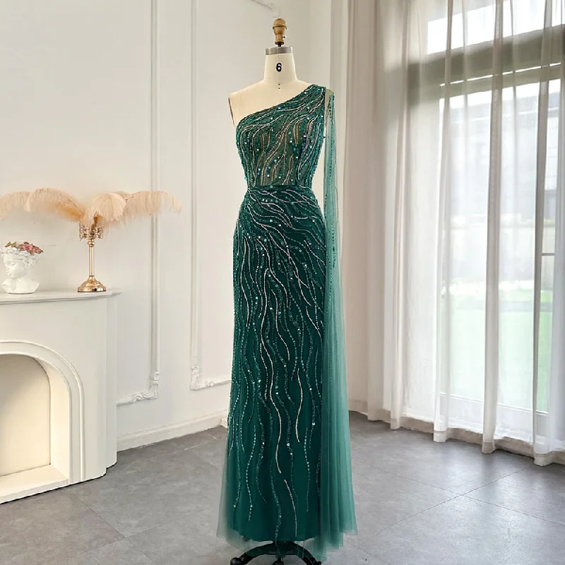 Emerald Green One Shoulder Evening Dress with Cape Sleeve SS219 Velvet unclassified dresses