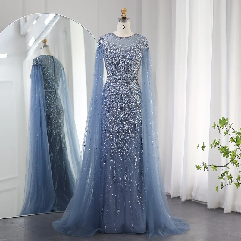 Luxury Blue Mermaid Evening Dress with Cape Sleeves SS009 Casual chic unclassified dresses