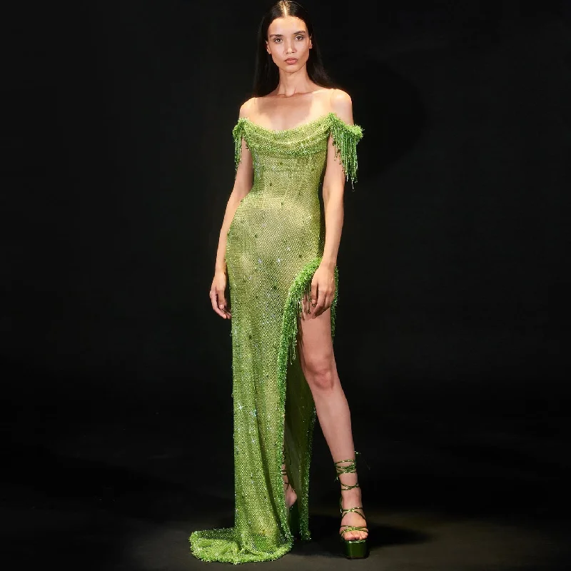 Luxury Tassel Sage Green Slit Evening Dress SS382 Sequin unclassified dresses