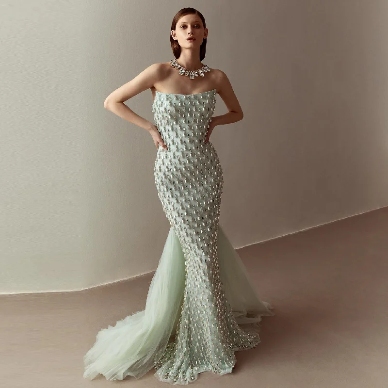 Luxury Crystal Pearls Sage Green Evening Dress with Cape SS431 Graduation unclassified dresses