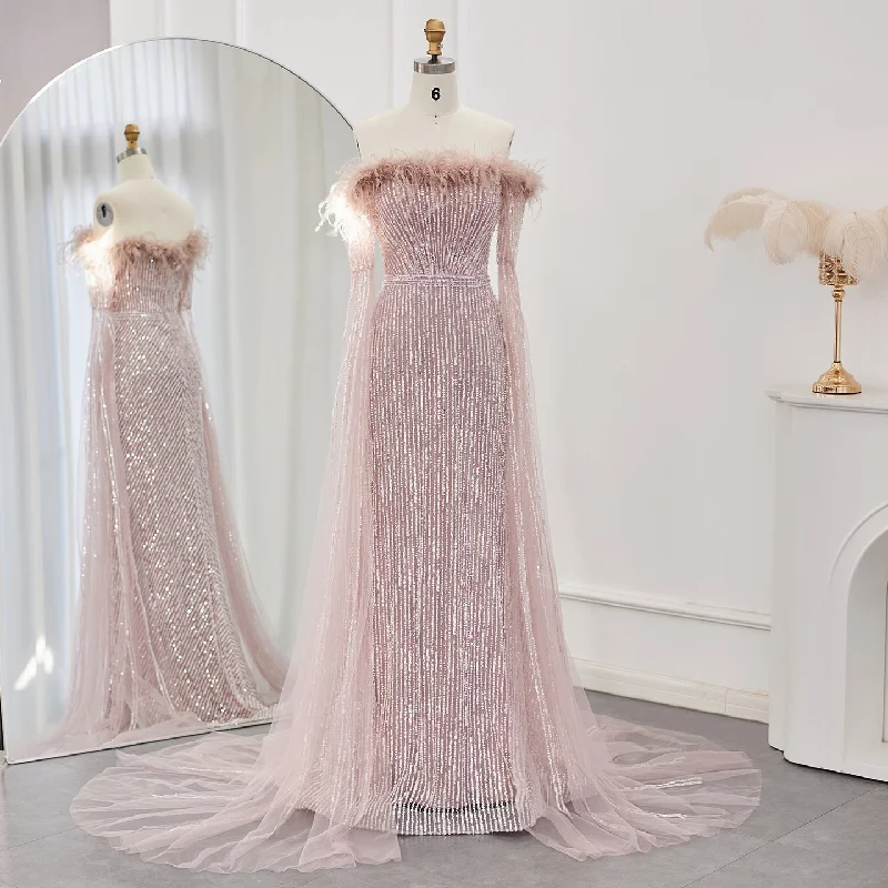 Luxury Feathers Pink Evening Dress with Cape Sleeves  SS215 Short unclassified dresses