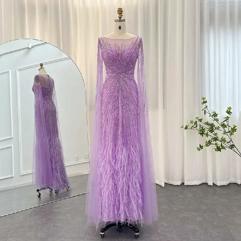 Luxury Lilac Feathers Evening Dress with Cape Sleeves SS196 Elegant evening unclassified dresses