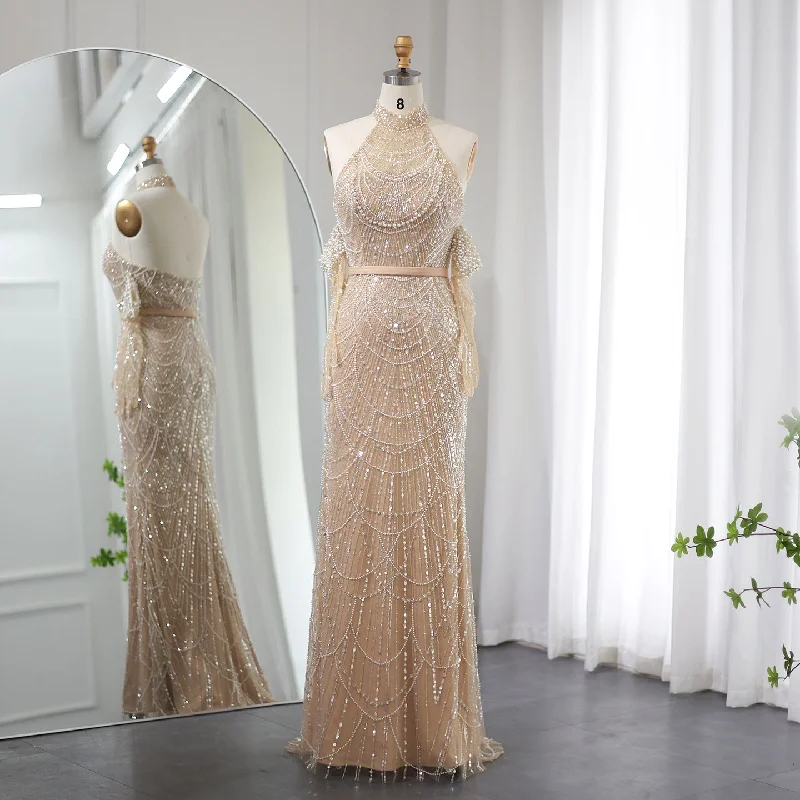 Luxury Nude Halter Mermaid Evening Dress with Gloves SS289 Designer unclassified dresses