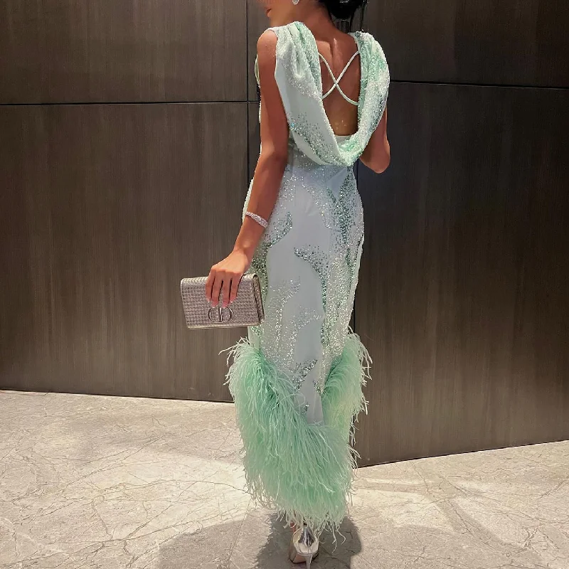 Luxury Feather Sage Green Criss Cross Evening Dress SS436 Knitted unclassified dresses