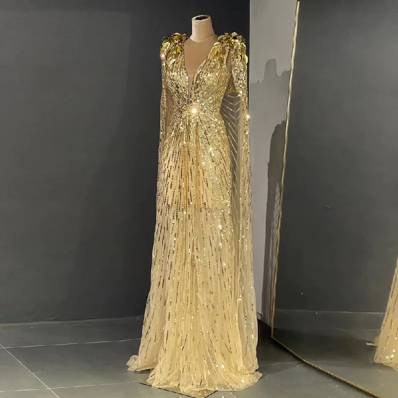 Luxury Sparkly Gold Evening Dress with Cape SS562 High-low unclassified dresses