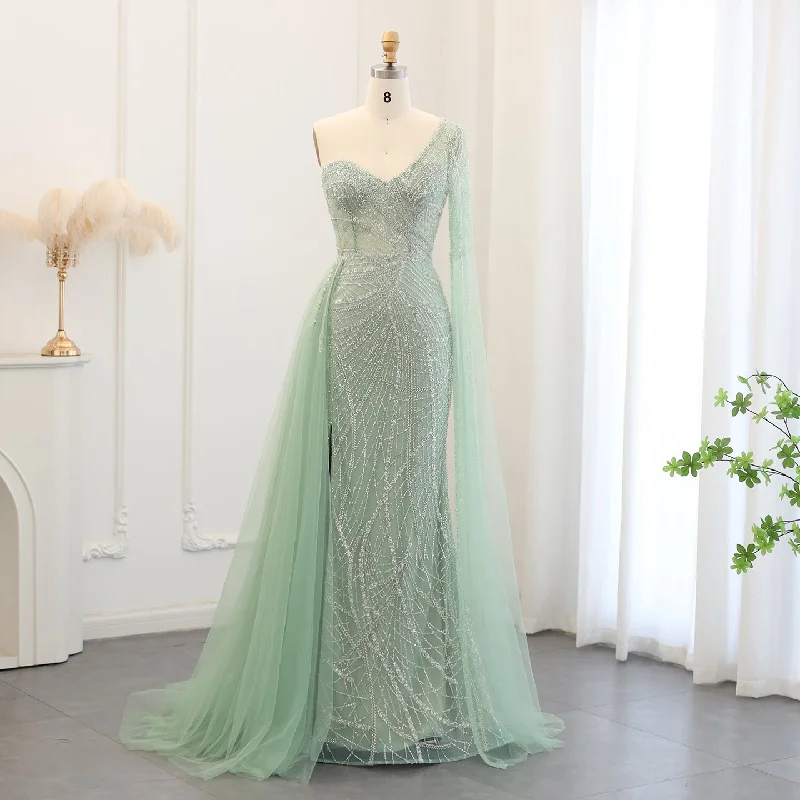 Luxury One Shoulder Green Evening Dress with Cape Sleeve SS054 Women's unclassified dresses