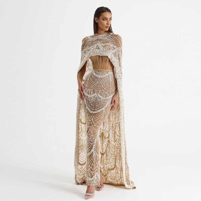 Luxury Pearls Champagne Evening Dress with Cape SS369 Metallic unclassified dresses