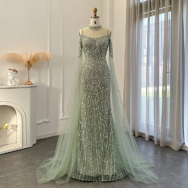 Luxury Sage Green Evening Dress with Cape Sleeves SS205 High-low unclassified dresses