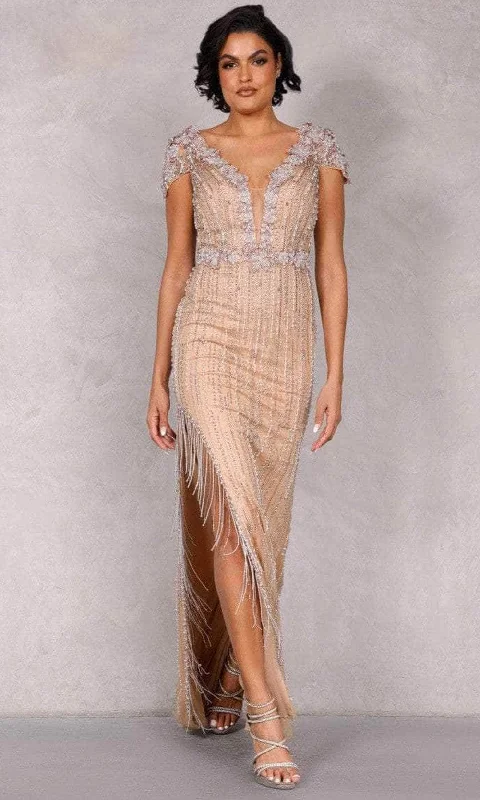 Terani Couture 2027GL3259 - Fringed Slit Beaded Evening Dress One-shoulder unclassified dresses