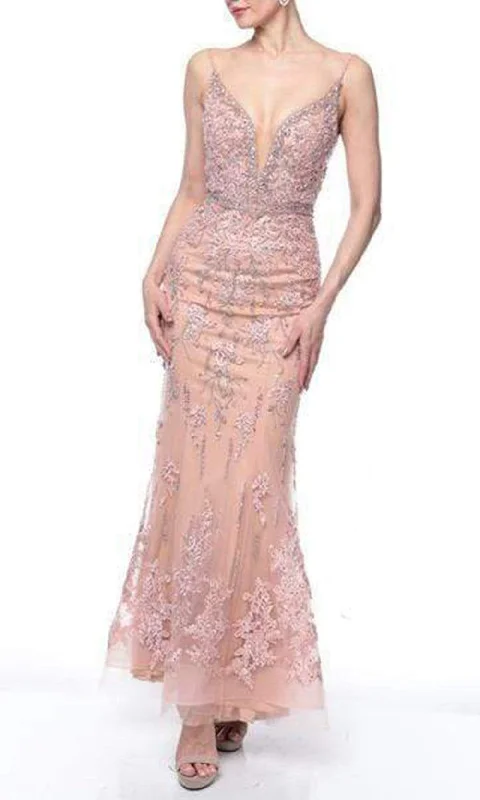 Terani Couture - Bedazzled Deep V-neck Trumpet Dress 1922GL0681 - 1 pc Rose Blush In Size 14 Available Color block unclassified dresses