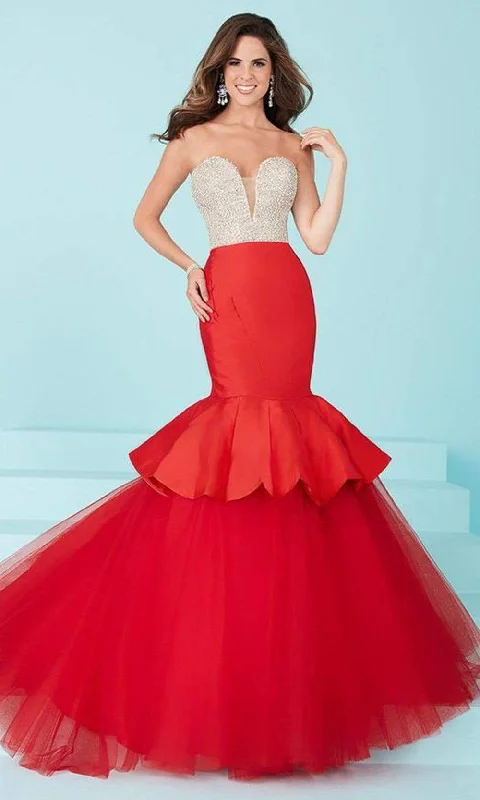 Tiffany Designs - Captivating Rhinestone and Crystal Beaded Deep Sweetheart Mermaid Dress 16217 - 1 pc Champagne/Red In Size 4 Available Floral unclassified dresses